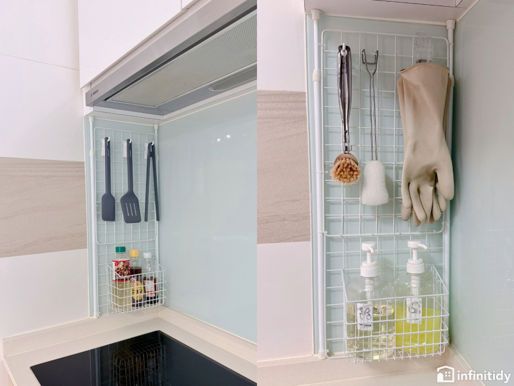 DIY wall organiser with wire nets & tension rods: Easy storage hack
